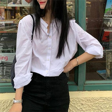韩版立领白色衬衫女长袖2024夏款衬衣复古设计感小众泡泡ins