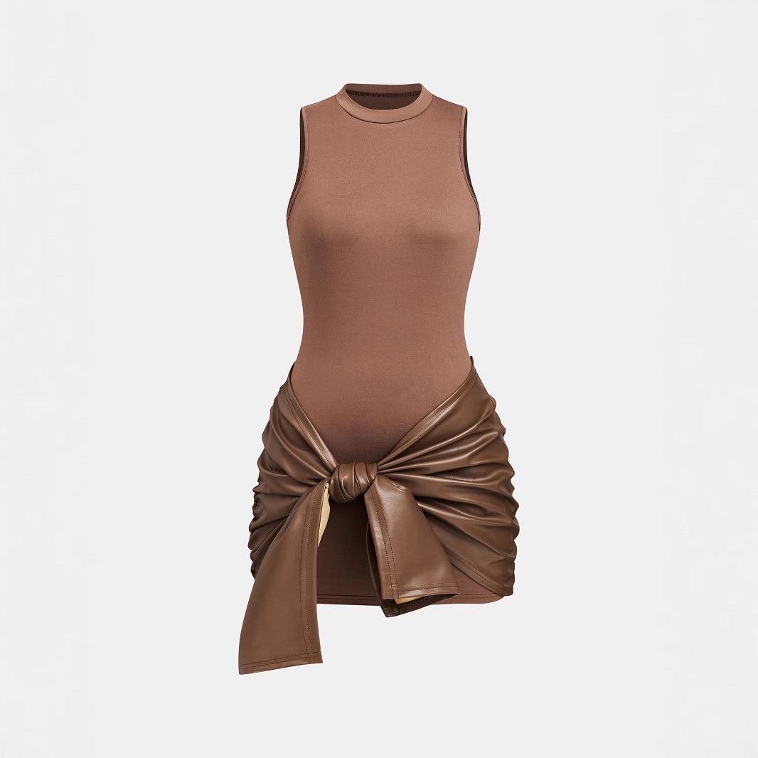 Solid Color Sleeveless Mini Dress Front Lace-up PU Decoration Two-piece Set