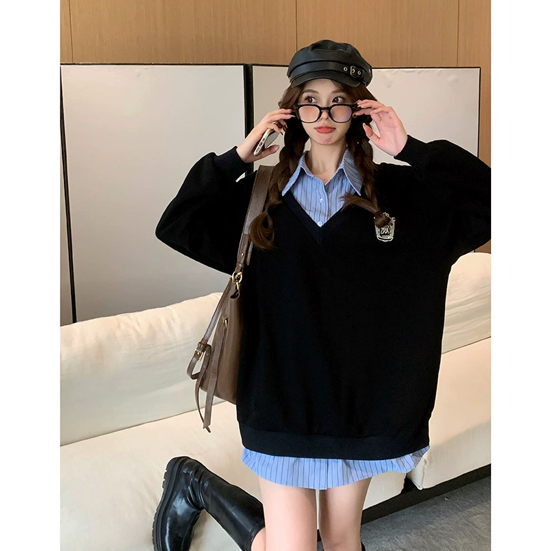 Женская нишевая рубашка из двух частей в студенческом стиле больших размеров, весна 2025, новый свободный топ для полных мм