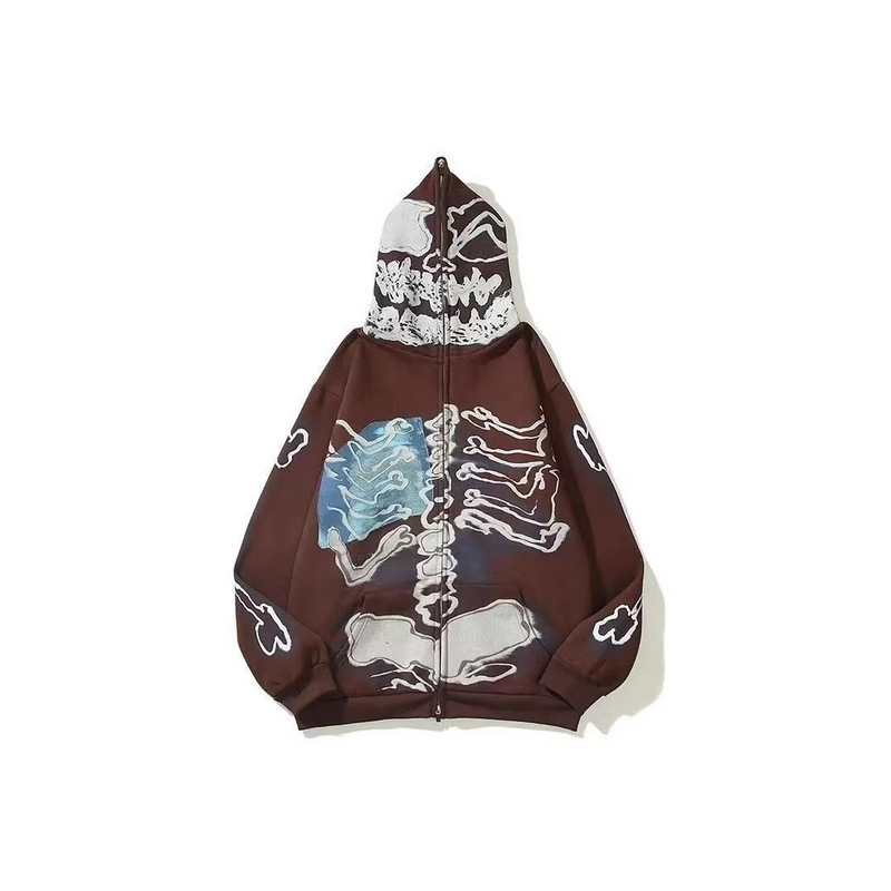 2025 New European and American Trendy Brand Skull Print Hooded Zipper Sweatshirt for Men, Loose Fleece Jacket, Street Hip-Hop Style