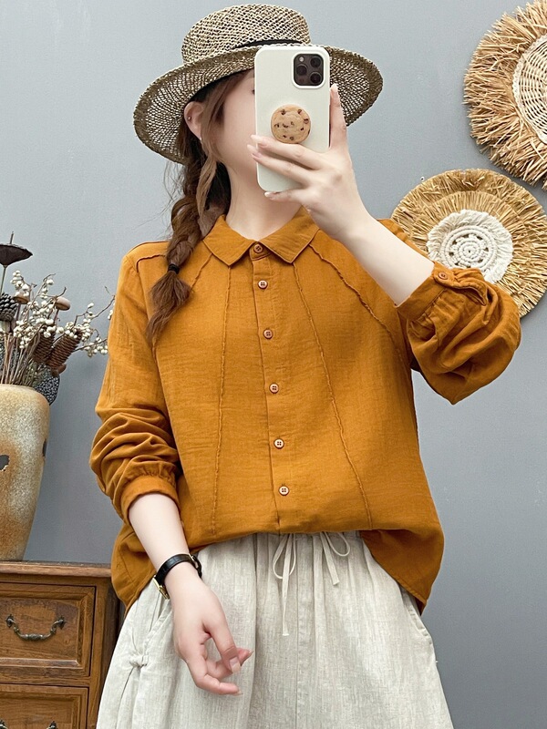 Pure cotton double-layer gauze long-sleeve shirt for women, designed for export to Japan, with pleated lines and a soft, skin-friendly texture Pure cotton double-layer gauze long-sleeve shirt for women, designed for export to Japan, with pleated lines and a soft, skin-friendly texture