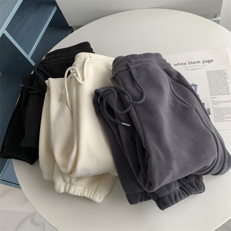 Solid Color Trouser Side Stitching Shake Grain Nose Sweater Pants fleece-lined Thickened Winter Outer Wearing Cotton Pants Warm Pants Small Pants