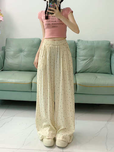 Korean-style beaded ice silk cool pants wide-leg pants for women spring summer thin model high-waisted drape straight-leg pants sunscreen casual pants