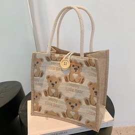 新款简约麻布日韩女士手提包包潮卡通文艺手拎零食袋饭盒包包