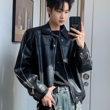 痞帅Pu皮衣小众设计感潮牌双拉链垫肩皮夹克男机车服秋冬高街外套