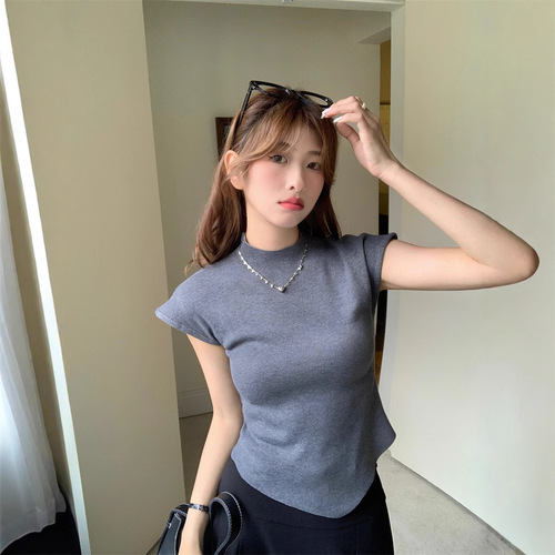 Little Fly Sleeve Stand Collar T-Shirt Women's Summer New Retro Slimming Irregular Knitted Underwear eBay 