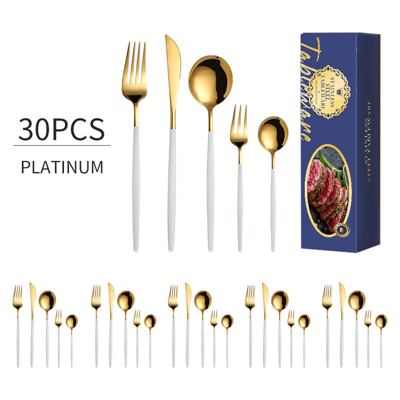 Amazon cubiertos de acero inoxidable transfronterizos set 30 piezas brillante cuchillo y tenedor portugués cuchillo y tenedor de filete de restaurante occidental cuchara