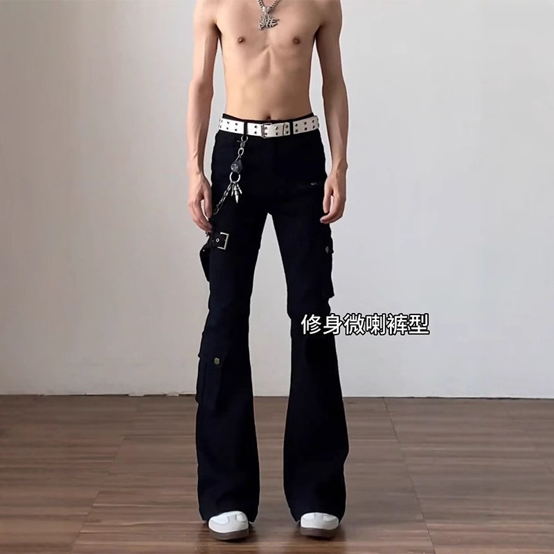 ホワイトバイブストラップアップワークジーンズメンズアメリカンハイストリートシミターパンツスリムストレートレッグパンツ