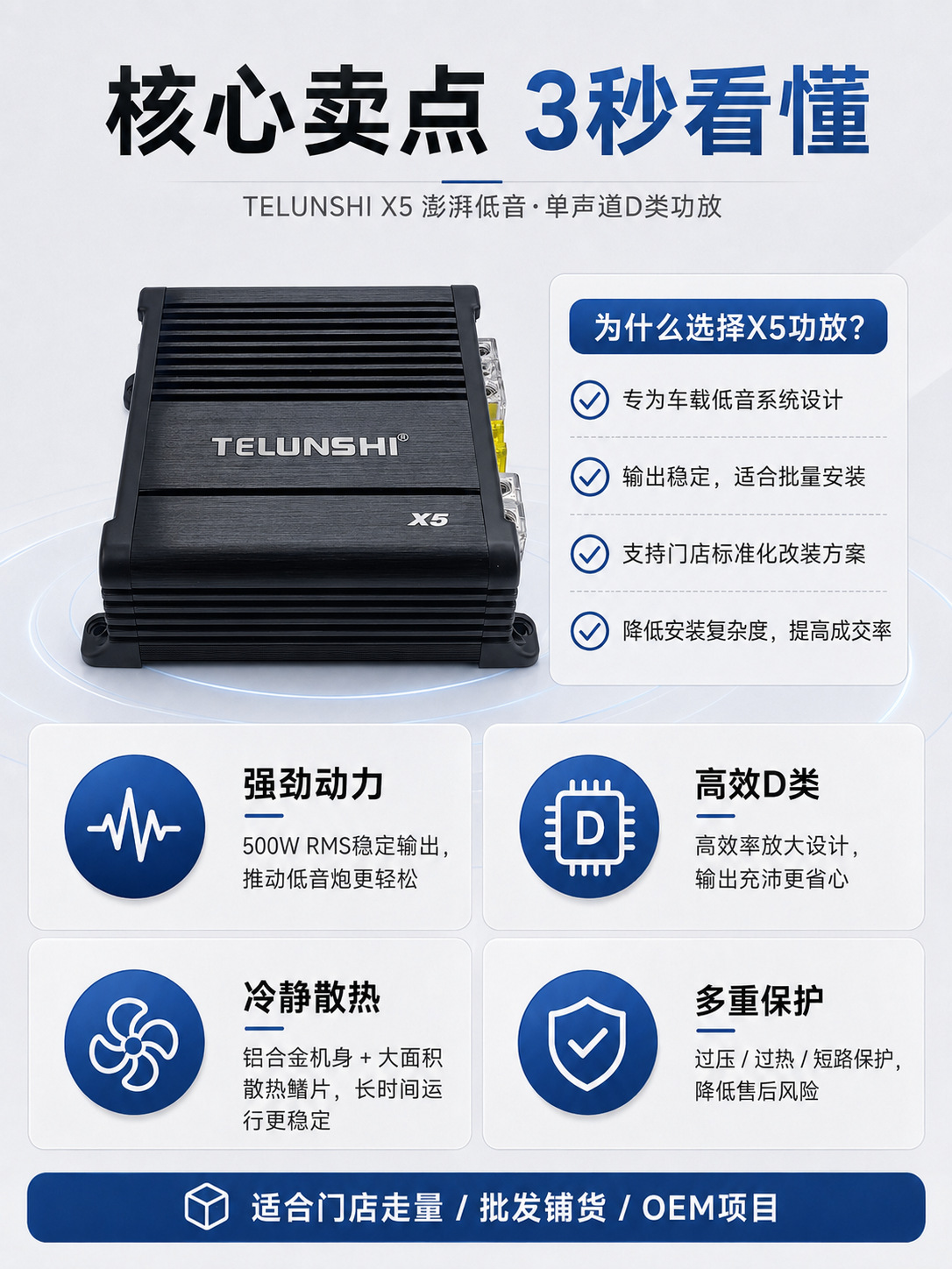 Source Factory Class D Single-Channel Car Amplifier, In-Car High-Power Subwoofer Amplifier, Car Audio Modification Oem