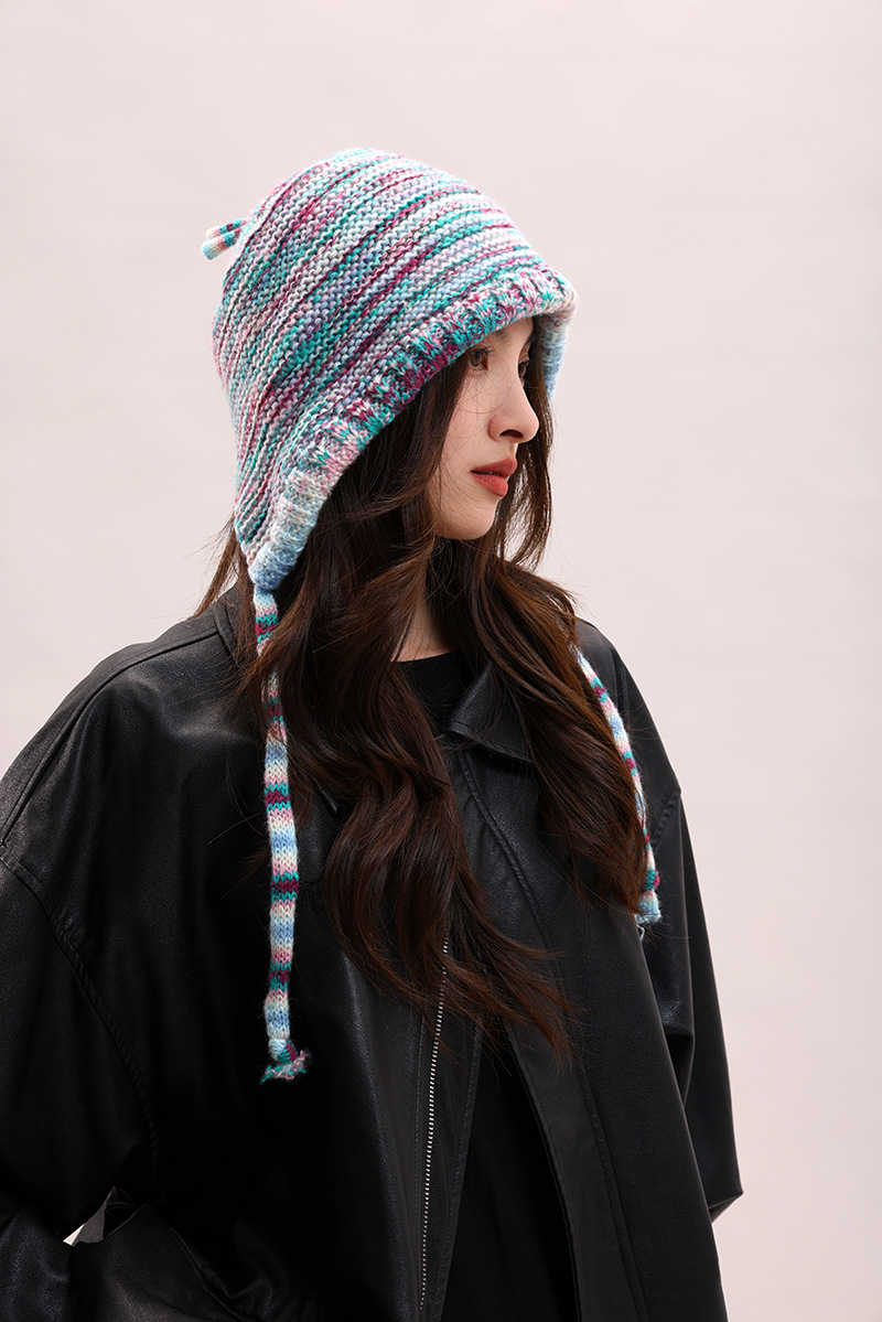 Cappelli di lana autunnali e invernali per bambini, colori arcobaleno a contrasto per mettere in mostra il viso, piccola borsa con testa carina legata con corda_voghion.com