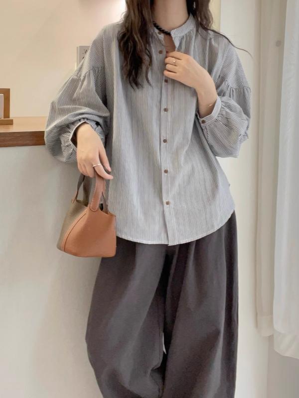 洋气灯笼袖条纹衬衫女士2025新款早秋大码胖mm正肩轻奢高级感上衣|undefined
