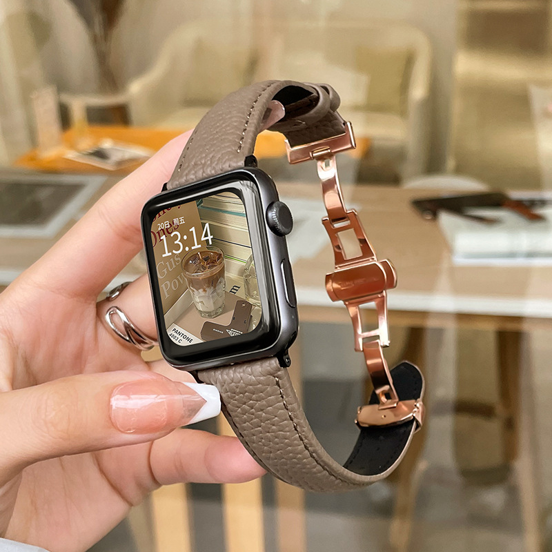 for apple watch s8/s10 strap genuine leather litchi pattern s9s7s6s543 strap se girls senior strap