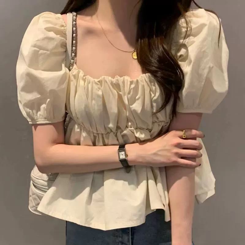 (Оптовая продажа), милая рубашка, корейский стиль, квадратный вырез, puff sleeves