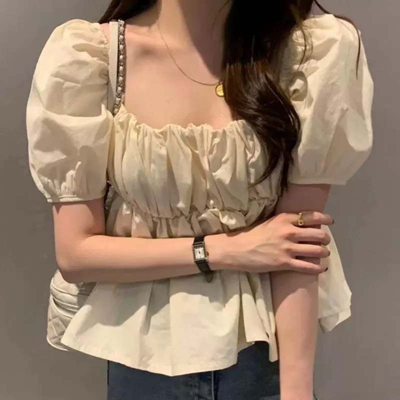(Оптовая продажа), милая рубашка, корейский стиль, квадратный вырез, puff sleeves