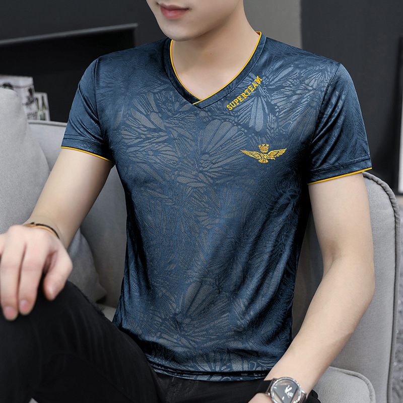 Ice Silk Breathable Short-sleeved T-shirt Men's V-neck 2024 Summer High-end Embroidery Quick-drying T-shirt Top for Men