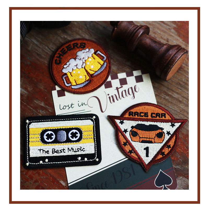 复古啤酒扑克刺绣布贴 冲锋衣包包徽章图案贴衣服破洞补丁布贴