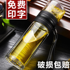 二重層の厚みのある茶水分離ガラスカップ、高ホウケイ酸ガラス製ビジネスティーカップ、ロゴが印刷されたギフトカップ
