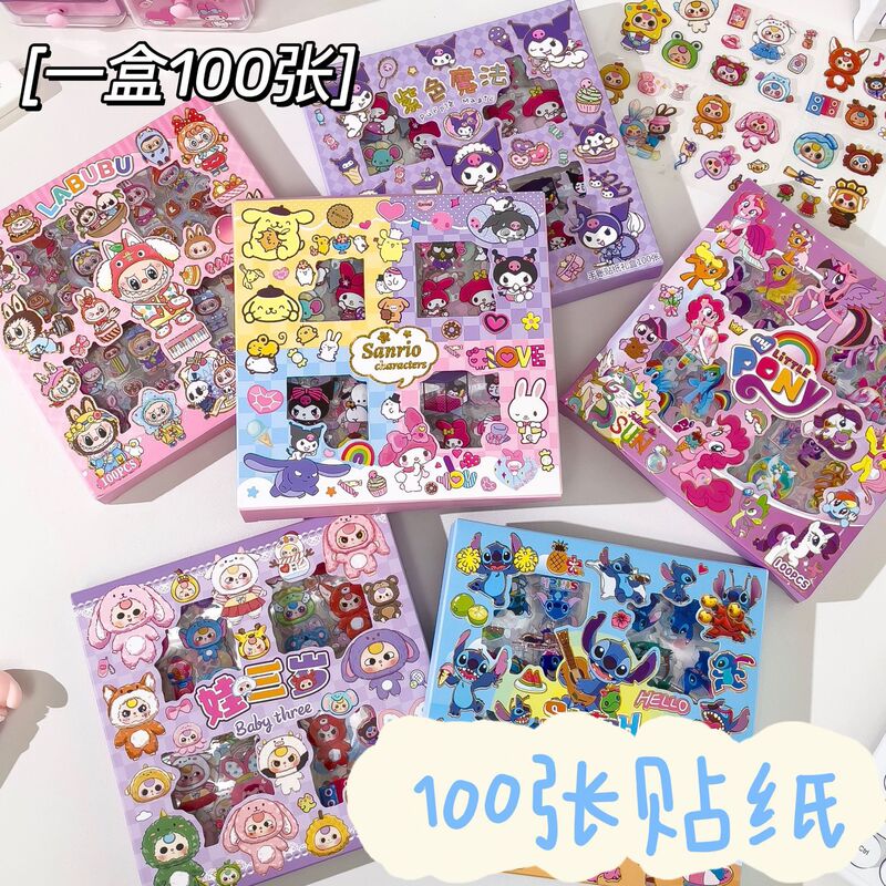 Labubu Sanrio Stitch 100 Stickers Handbook Gift Box Creative Pet Waterproof Sticker Material Sticker Wholesale