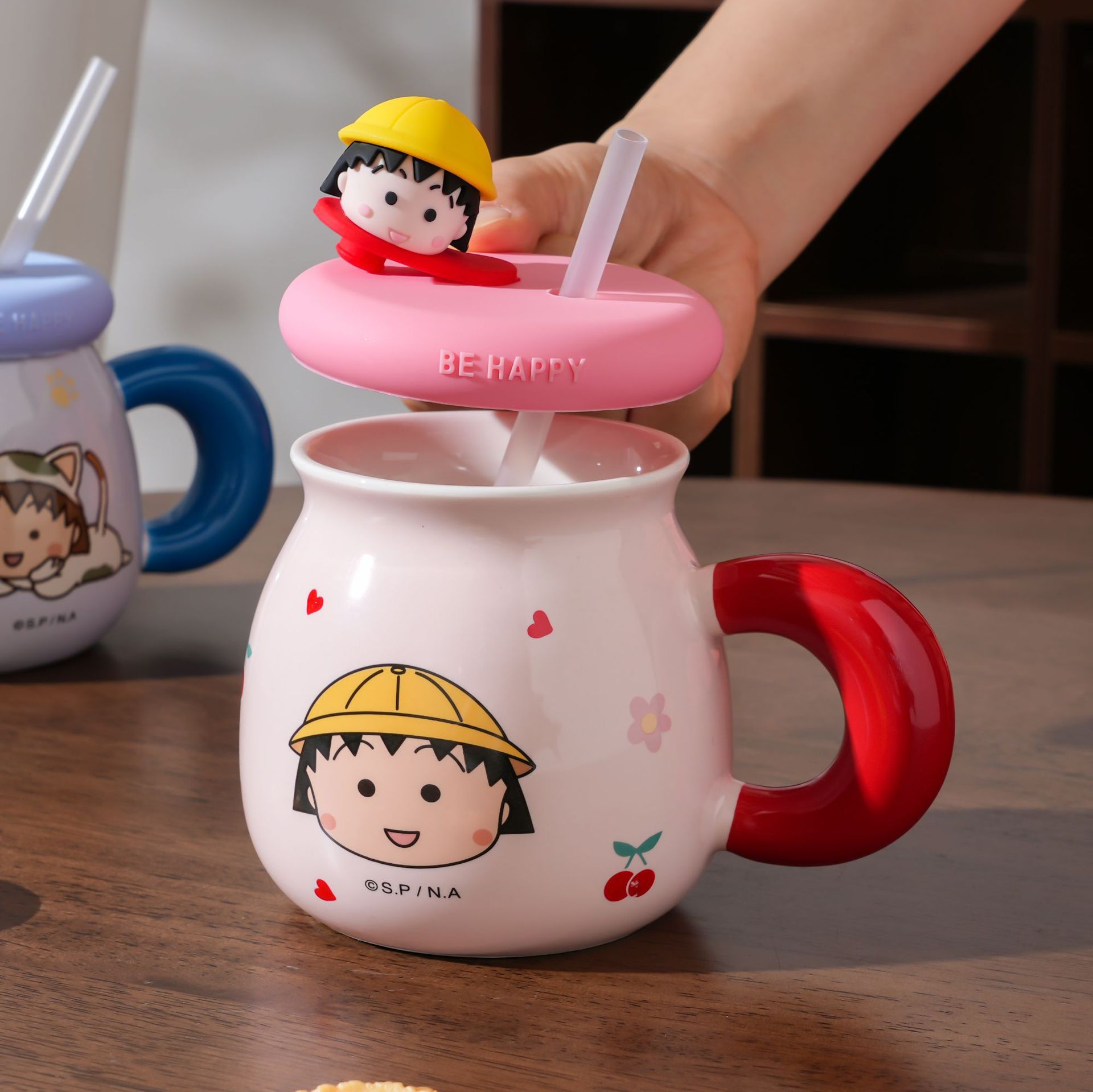 Taza de pajita de bolas de cereza Taza de cerámica para el hogar Memoria de la infancia Taza de agua para niños Taza de bebé familiar