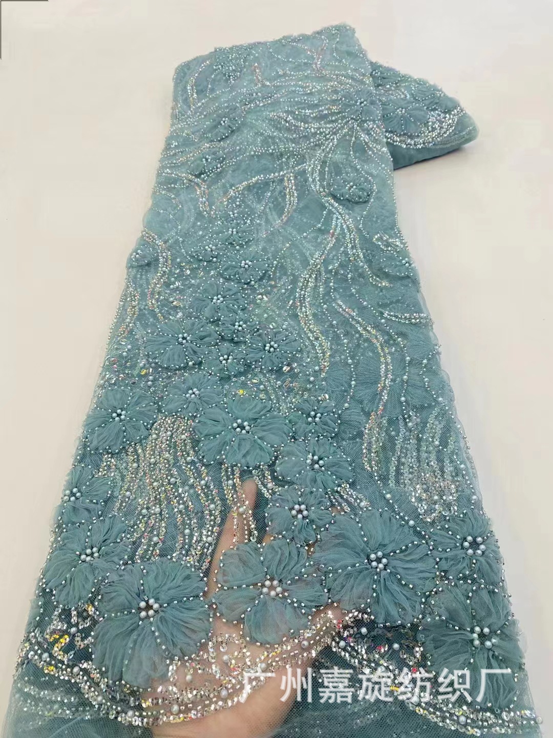 Vestido de boda francés bordado full sequined cuentas tejido de encaje de novia 3D tela de encaje