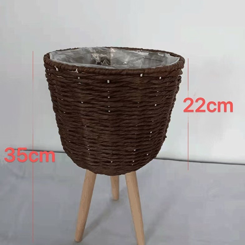 Piso de La Flor soporte de madera pierna piso flor soporte tejida flor olla sala de estar balcón decoración flor cesta paja tejido piso soporte