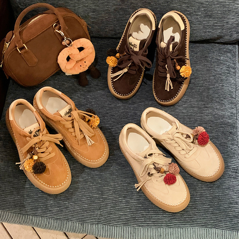 牛皮版葡萄同款松果流苏圆头厚底休闲板鞋系带德训鞋女运动鞋子|undefined