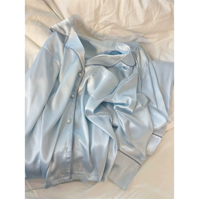 Синие высококачественные простые пижамы из ледяного шелка с длинными рукавами для женщин, новые брюки на весну и осень, домашняя одежда, костюм большого размера, который можно носить на улице