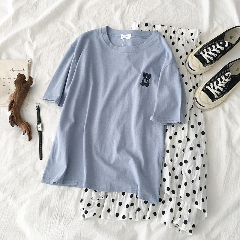 Nuova maglietta sudcoreana a maniche corte da studente con ricamo a forma di animale della Corea del Sud, girocollo, abiti estivi, vestibilità ampia, per donna_voghion.com