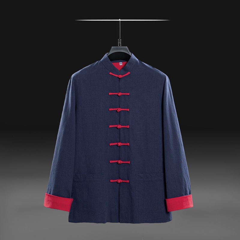New Chinese style Tang suit jacket for middle-aged men, spring and autumn, cotton and linen, double-layered fabric, long-sleeved coat.