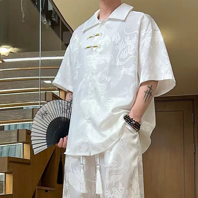New Chinese Style Men's Summer Ice Silk Dragon Pattern Short-Sleeved Shirt Handsome High-End Loose Casual Shirt Jacket