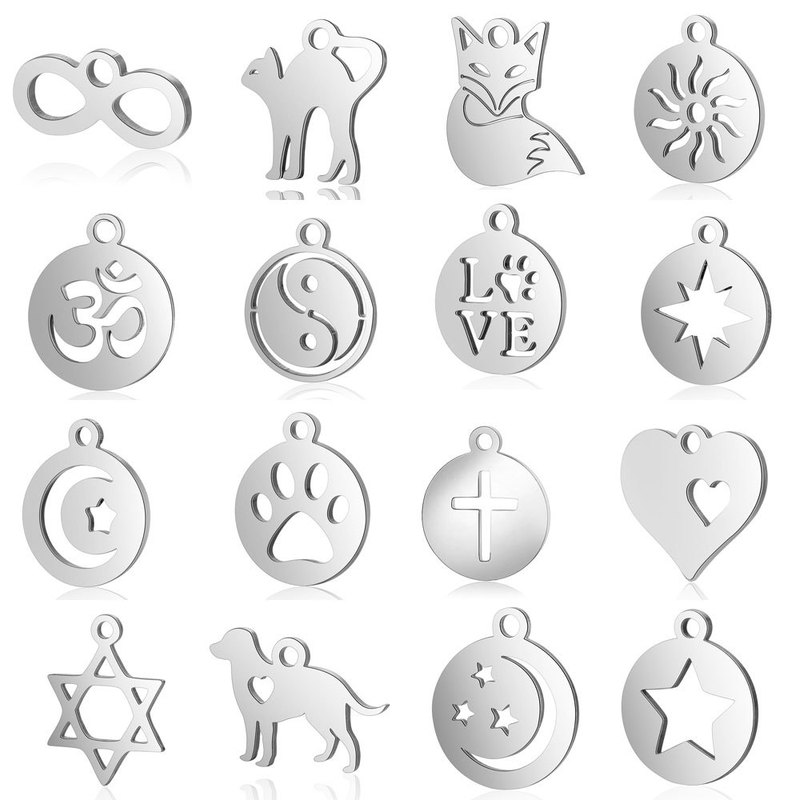 10Pcs/Package Sun Yoga Star Moon Dog Paw Cat Fox Yin and Yang Four-Leaf Clover Stainless Steel Small Pendant