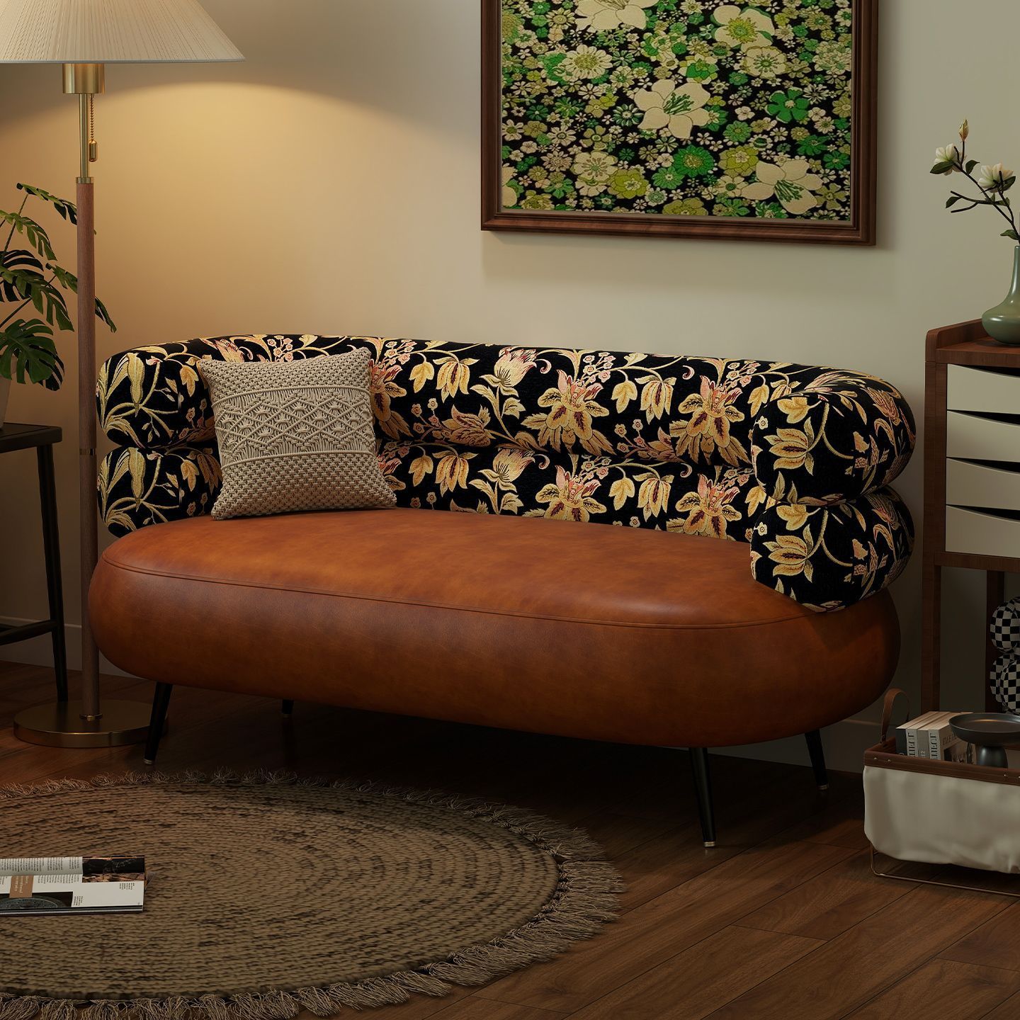 Leather Art Sofa Small Apartment Living Room Retro Oil Wax Leather Mid-Century Style Apartment Balcony Double Three-Person Reception Small Sofa