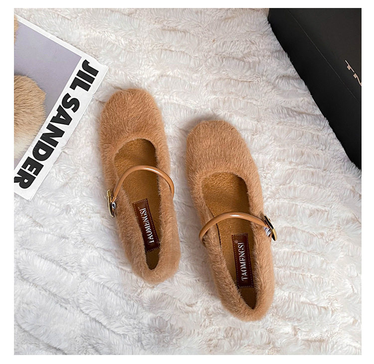 Giày Mary Jane nữ kiểu ballet một dây, gót vừa 3–6 cm, mũi tròn, tăng chiều cao, phủ nhung — Màu nâu đậm, Màu trà sữa, Màu trắng sữa chi tiết 36