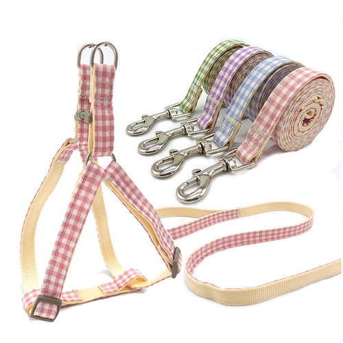 Pet traction rope dog chain Korean version two-color plaid dog walking rope collar chest and back traction rope factory direct sale