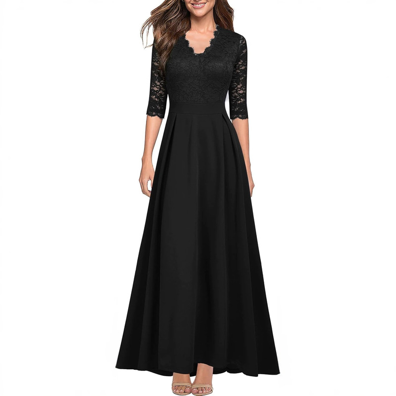 Black lace V-neck long A-line formal dress