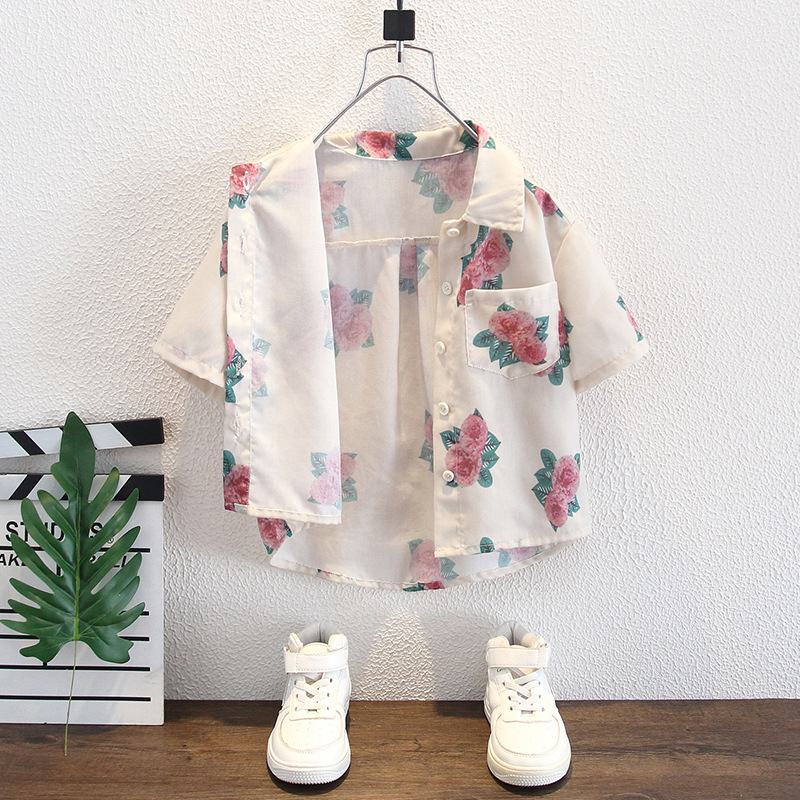 8027 Camisa de manga corta para niños 2025 verano nuevo estilo para niños Camisa de manga corta con estampado de rosas para niños