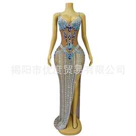 跨境欧美小众亮晶水钻吊带裙酒会生日派对礼服红毯演出服长裙鲸鱼