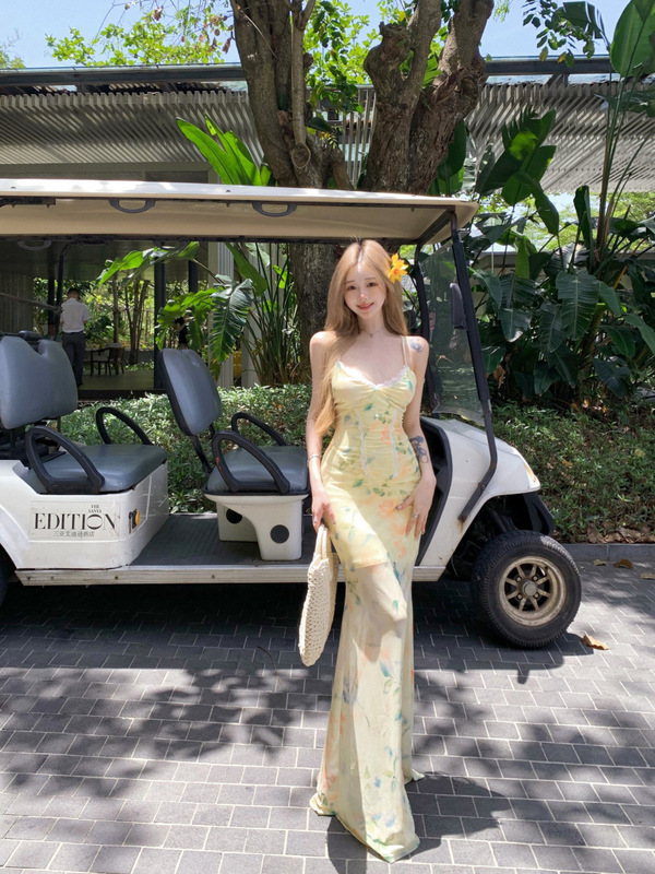 ホリデースタイルストラップバックレスサスペンダードレス女性の夏の花柄スカートホットガールウエストフィッシュテールスカートヒップカバーロングスカート|undefined