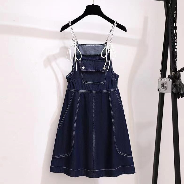French Style Girly Denim Suspender Dress, New Summer Style White Shirt + A-Line Skirt, Fashionable Two-Piece Suit French Style Girly Denim Suspender Dress, New Summer Style White Shirt + A-Line Skirt, Fashionable Two-Piece Suit