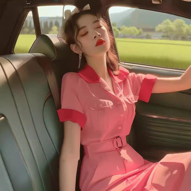 French High-end Sense Rose Pink Color Contrast dress Women's Summer Wear Elegant Skirt Suitable for Small Men