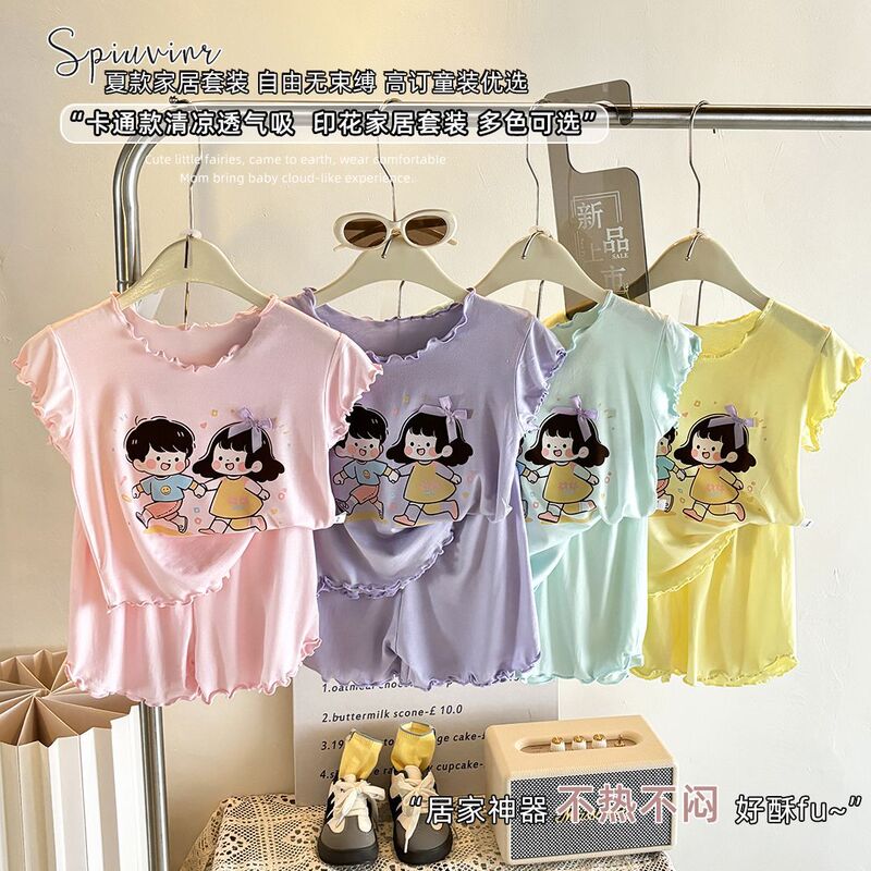 Short-Sleeved Air-Conditioned Home Clothes Two-Piece Shorts Cartoon Character Suit Children's Pajamas Girls Summer Thin Medium and Large Short-Sleeved Air-Conditioned Home Clothes Two-Piece Shorts Cartoon Character Suit Children's Pajamas Girls Summer Thin Medium and Large