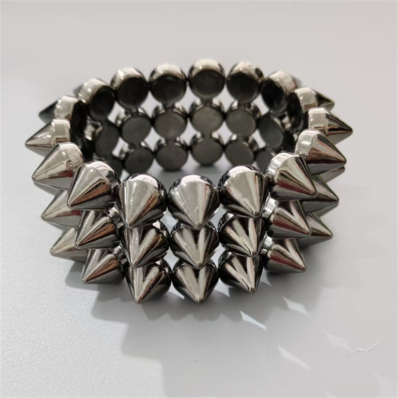 European and American Hot-Selling Men's New Geometric Three-Row Rivet Tapered Elastic Bracelet Hedgehog Exaggerated Punk Style Wide Bracelet