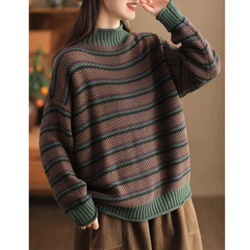 2025 primavera nuevo retro piña jersey de punto suéter de moda de mujer color mosaico doblado jersey de algodón chaqueta artística