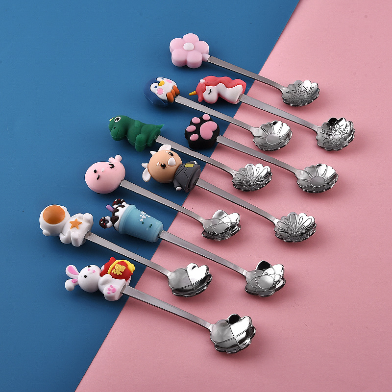스테인레스 스틸 차 스푼 꽃 실리콘 만화 동물 우주 비행사 스푼 커피 허니 스푼 혼합 숟가락 디저트 스푼