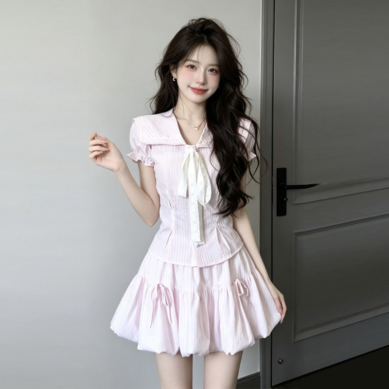Korean-Style College Style Bow-Knot Pink Dress for Women 2026 New Summer Suit Dress Sweet Flower Bud Short Skirt