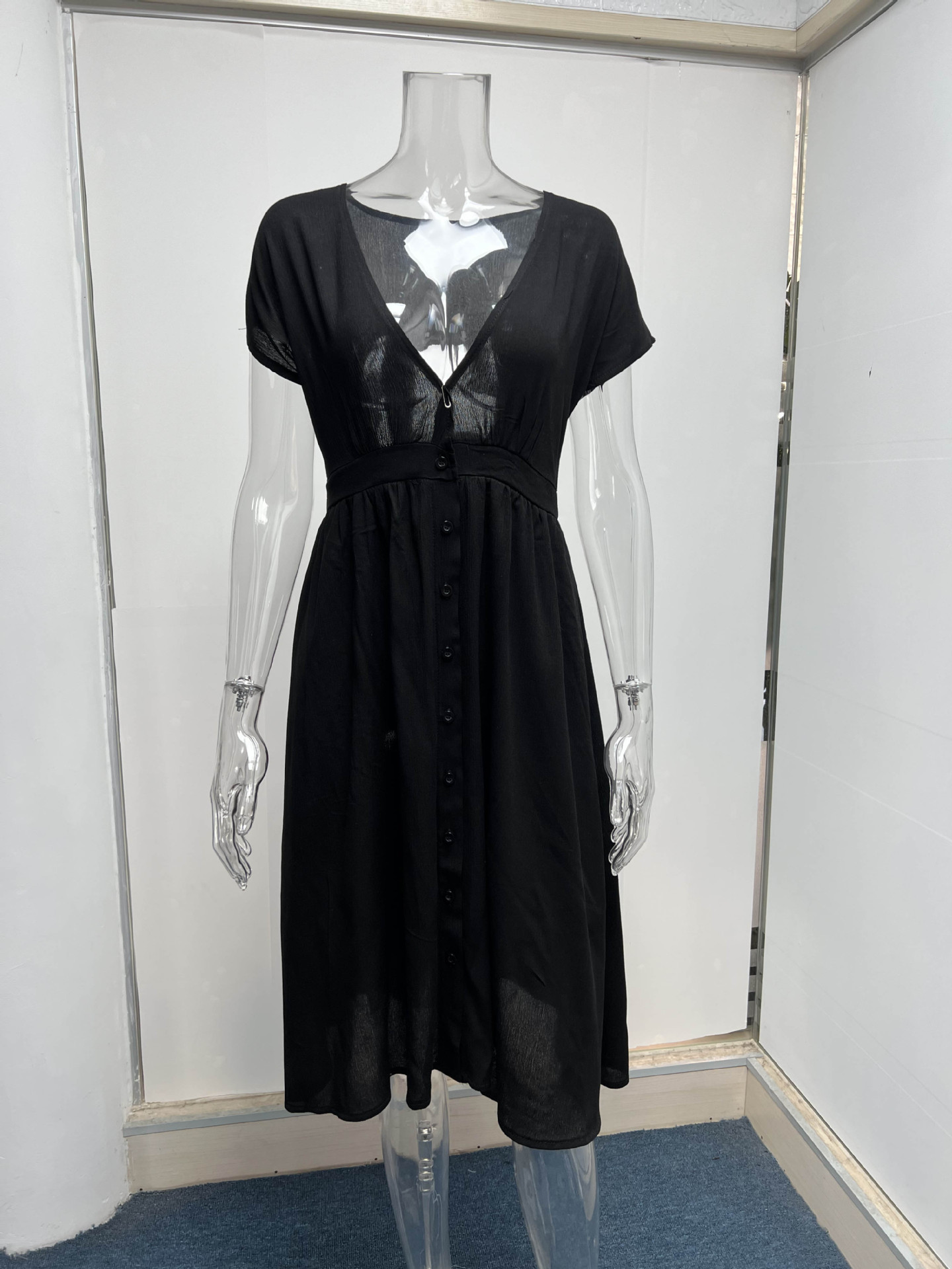 Summer Double Layer Tulle Solid Color Dress Women Deep V Plunge Short Sleeve Waist Controlled Maxi Dress