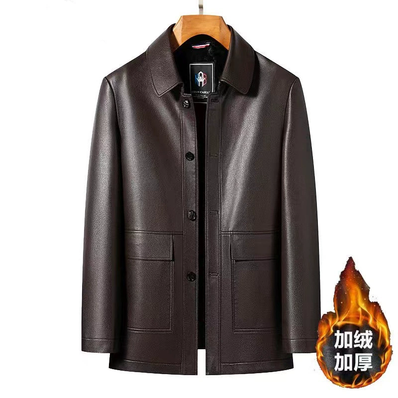 Новая кожаная кожаная куртка Haining для мужчин среднего и пожилого возраста с отворотом кожаная куртка для мужчин бизнес-отдыха плюшевая толстая кожаная куртка