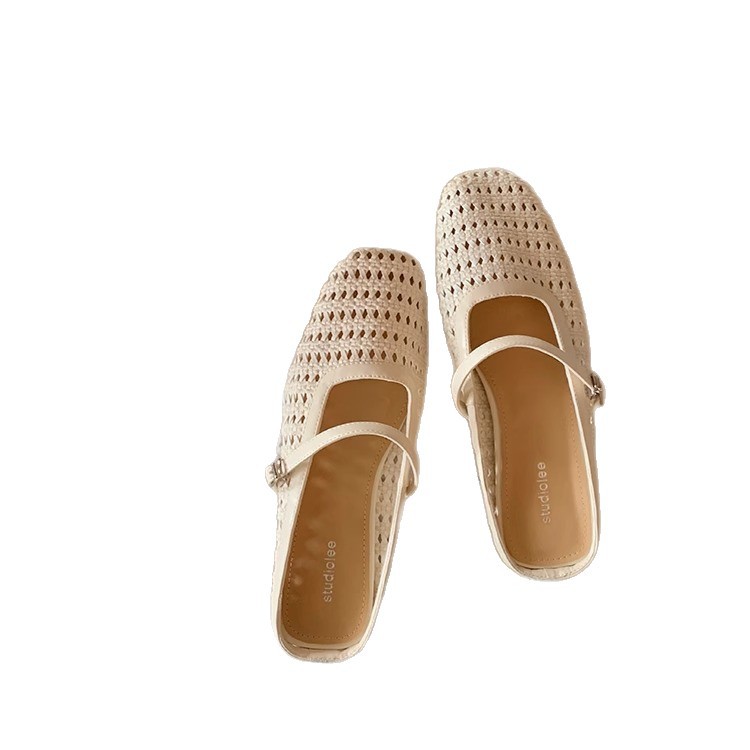 Grape Mom studiolee retro tejido cuadrado hueco cabeza de una palabra con sandalias de tacón grueso Muller media pantuflas mujer verano