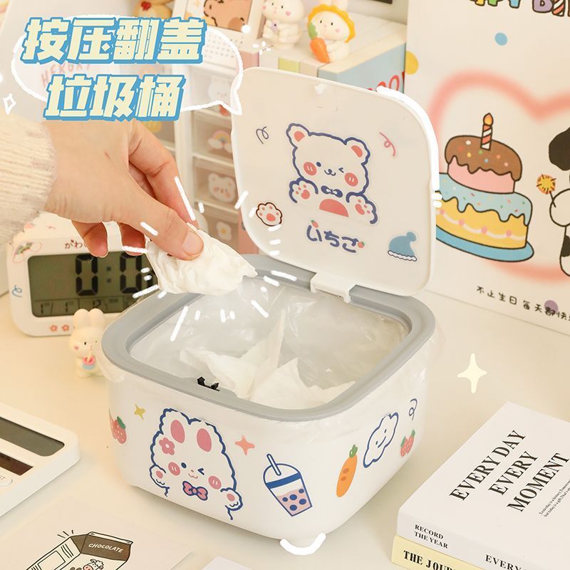 Desktop trash can push-type creative cute style storage bucket home office desk flip-top trash can with lid