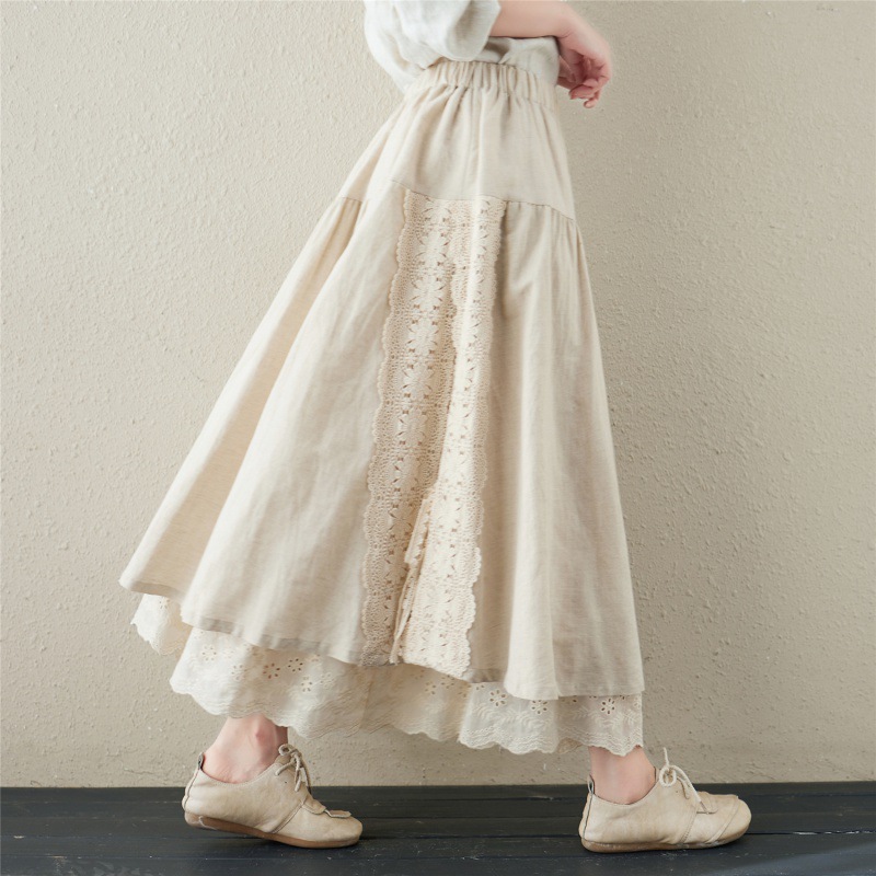 Japanese Style Linen Lined Lace-Up Skirt Mori Girl Heavy Embroider Elastic Waist Mid-Length A-Line Sweet Skirt for Women